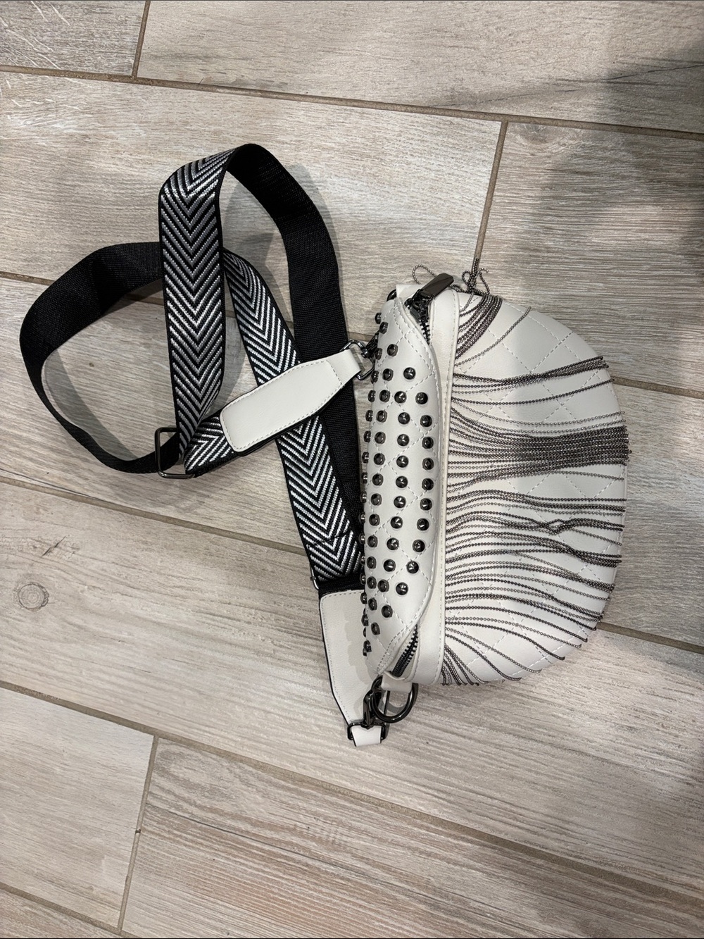White Studded Crossbody Belt Bag with Black Stripe Strap